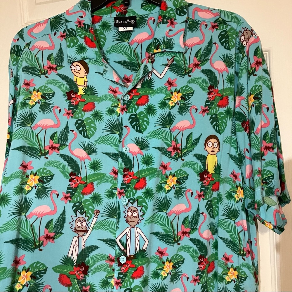 Rick and Morty Flamingo Hawaiian Camp Shirt from Adult Swim Mens Large/XL (READ)